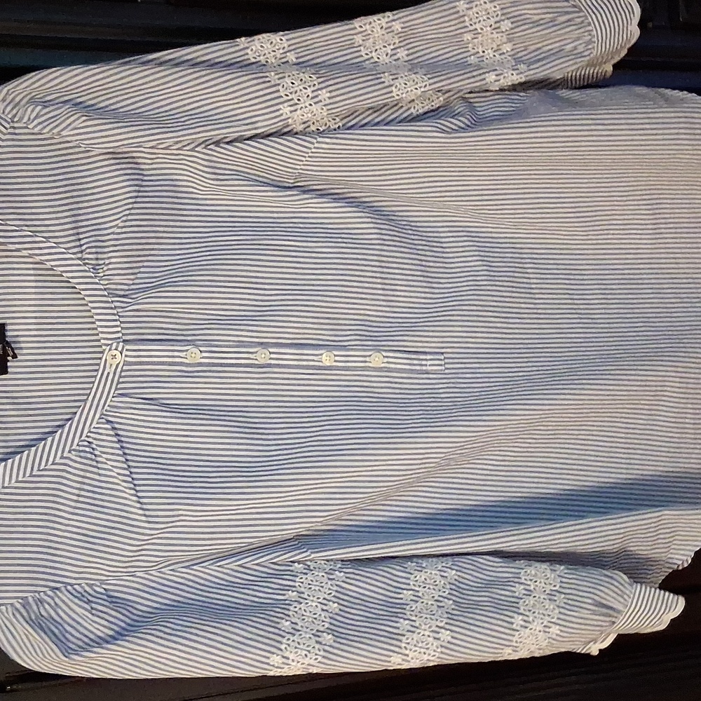 Talbots Blue and White Striped Blouse Large Petite